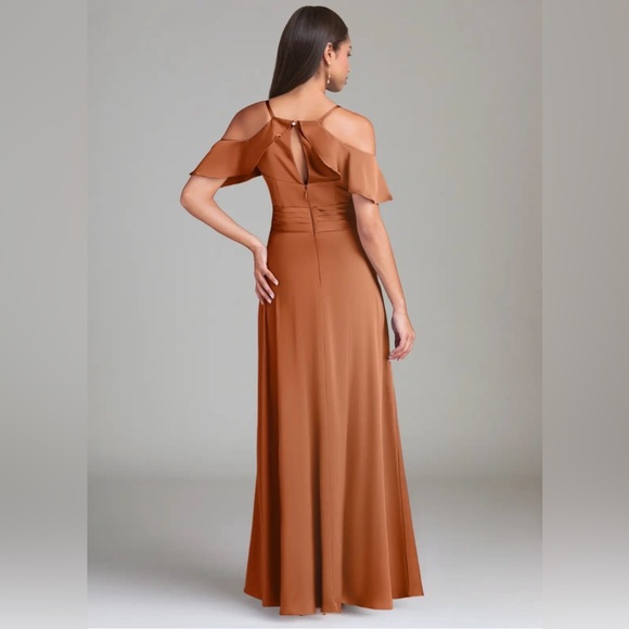 Azazie Dakota Satin Dress Copper Off The Shoulder Size 4 - Picture 2 of 8